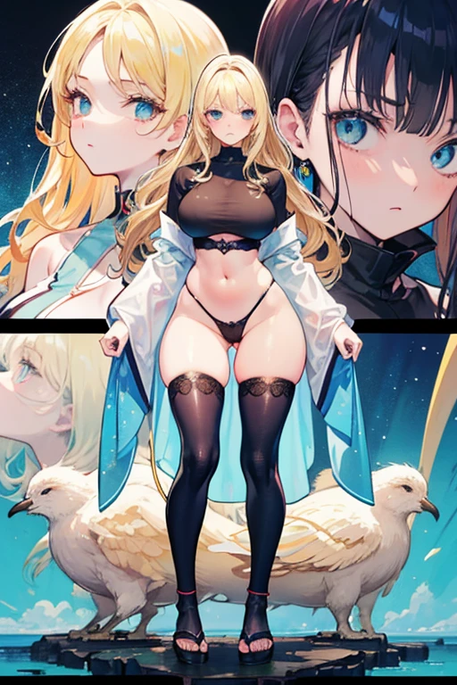 masterpiece:1.2, best quality, realistic, (real picture, intricate details, depth of field), ((woman, beautiful detailed face, longe wavy blonde hair, huge breasts, gorgeous aquamarine eyes, highly-detailed, perfect face, (skindentation), thick thighs, wide hips, small waist, tall body, big ass), blushing, )) anime, illustration, Japanese retro futurism, cyber, sci Fi, angel theme, future angel, full body, one piece style, anime, retro futurism, 