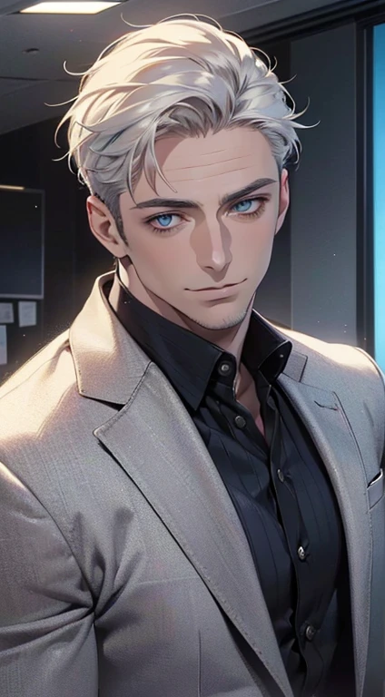 (best quality,4k,8k,highres,masterpiece:1.2),ultra-detailed,(realistic,photorealistic,photo-realistic:1.37),1 man,34 years old,mature man,very handsome,without expression,smile,short white hair,blue eyes,penetrating gaze,perfect face without errors,imposing posture,businessman,office background,cinematic lighting,hdr image