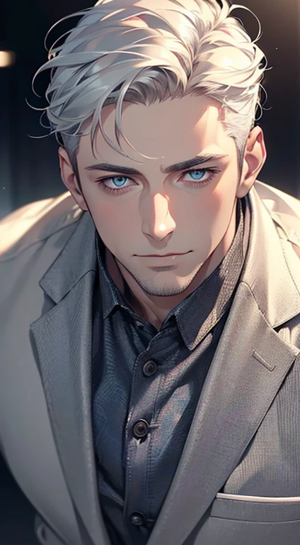 (best quality,4k,8k,highres,masterpiece:1.2),ultra-detailed,(realistic,photorealistic,photo-realistic:1.37),1 man,34 years old,mature man,very handsome,without expression,smile,short white hair,blue eyes,penetrating gaze,perfect face without errors,imposing posture,businessman,office background,cinematic lighting,hdr image