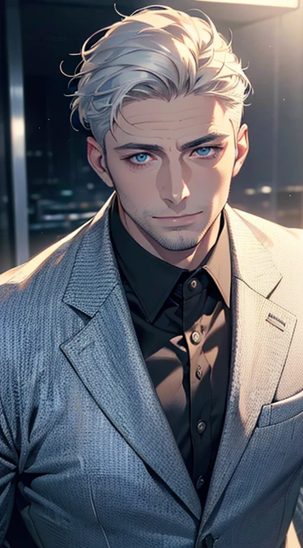 (best quality,4k,8k,highres,masterpiece:1.2),ultra-detailed,(realistic,photorealistic,photo-realistic:1.37),1 man,34 years old,mature man,very handsome,without expression,smile,short white hair,blue eyes,penetrating gaze,perfect face without errors,imposing posture,businessman,office background,cinematic lighting,hdr image