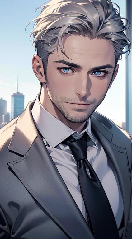 (best quality,4k,8k,highres,masterpiece:1.2),ultra-detailed,(realistic,photorealistic,photo-realistic:1.37),1 man,34 years old,mature man,very handsome,without expression,smile,short white hair,blue eyes,penetrating gaze,perfect face without errors,imposing posture,businessman,office background,cinematic lighting,hdr image