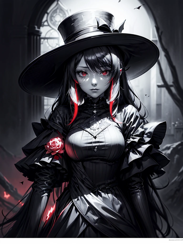 a close up of a person with a hat and a top hat, kawacy, anime cover, gothic harts, shadowverse style, from arknights, high detailed official artwork, black and white with red hearts, harley queen, nightcore, monochrome and red color bleed, light novel cover art, artbook artwork, artwork in the style of guweiz,
