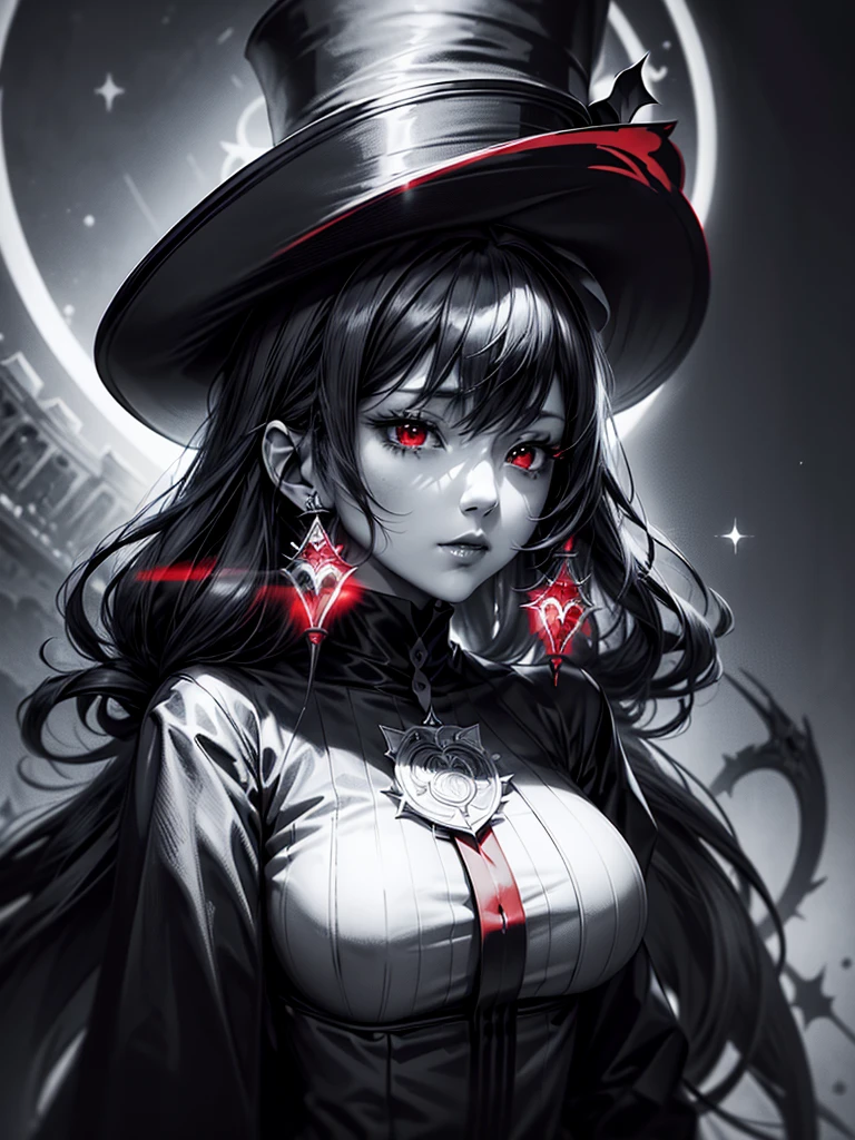 a close up of a person with a hat and a top hat, kawacy, anime cover, gothic harts, shadowverse style, from arknights, high detailed official artwork, black and white with red hearts, harley queen, nightcore, monochrome and red color bleed, light novel cover art, artbook artwork, artwork in the style of guweiz,
