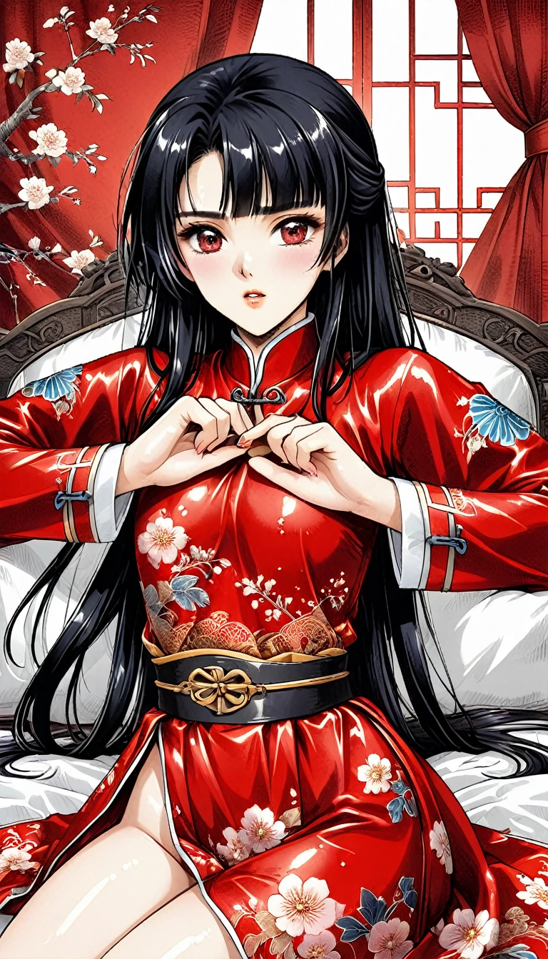 8k Tragic historical drama in live-action style: Beautiful palace secrets　Beautiful   Chinese Kung Fu girl with long black hair gets very rough sex with the demon king　Gorgeous embroidery, Ultra glossy, She is wearing a shiny red top and bottom long sleeve floral pajama kung fu suit....　　She cries and resists as she is made to lie on a floral futon and has a penis inserted into her.　She spreads her legs wide and excretes from her anus、Filth、A large amount of poop is dripping