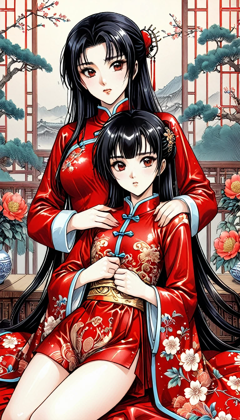 A tragic historical drama in 8k live-action style: Beautiful palace secrets　Beautiful Chinese Kung Fu Princess with long black hair gets her pussy stretched by old Emperor　Gorgeous embroidery, Ultra glossy, She is wearing a shiny red top and bottom long sleeve floral pajama kung fu suit....　　