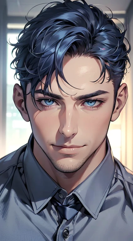(best quality,4k,8k,highres,masterpiece:1.2),ultra-detailed,(realistic,photorealistic,photo-realistic:1.37),1 man,31 years old,mature man,very handsome,without expression,smile,short blue hair,blue eyes,penetrating gaze,perfect face without errors,imposing posture,businessman,office background,cinematic lighting,hdr image