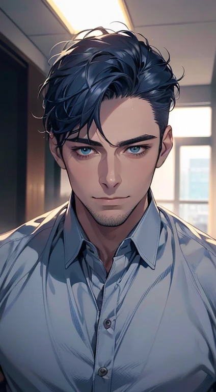 (best quality,4k,8k,highres,masterpiece:1.2),ultra-detailed,(realistic,photorealistic,photo-realistic:1.37),1 man,31 years old,mature man,very handsome,without expression,smile,short blue hair,blue eyes,penetrating gaze,perfect face without errors,imposing posture,businessman,office background,cinematic lighting,hdr image
