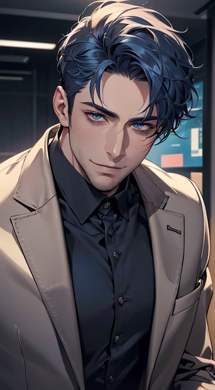 (best quality,4k,8k,highres,masterpiece:1.2),ultra-detailed,(realistic,photorealistic,photo-realistic:1.37),1 man,31 years old,mature man,very handsome,without expression,smile,short  blue hair,blue eyes,penetrating gaze,perfect face without errors,imposing posture,businessman,office background,cinematic lighting,hdr image