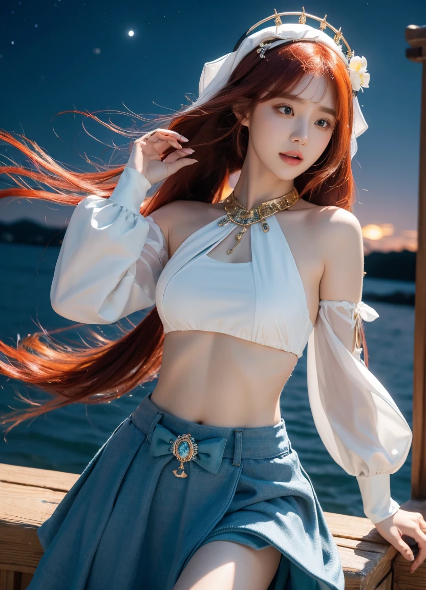 (realistic, realistic), very delicate, high quality, highest resolution, various angle lights, 매우 현실적 realistic 배경, 매우 realistic realistic 사진, masterpiece, best quality, absurdres, Niru (neither flower nor mist) (genshin impact), aqua eye, Niru (genshin impact), fake either, 1 woman, alone, red hair, veil, laugh, moon, long hair, 작water 가기, jewel류, either, night, Braces, brooch, long sleeves, puffy long sleeves, looking at viewer, skirt, forehead, twin tail, water, puffy sleeves, sky, neck ring, dehisce, :d, full moon, night sky, flower, harem outfit, gold trim, parted forehead, raise your arms, chest, circlet, outdoors, blue skirt, headdress, detached sleeves, low twin tail, floating hair, jewel, hair flower, blue jewelstone, hand up, dancer, white headwear, , stomach, midriff, cowboy shot, blue bow, very long hair