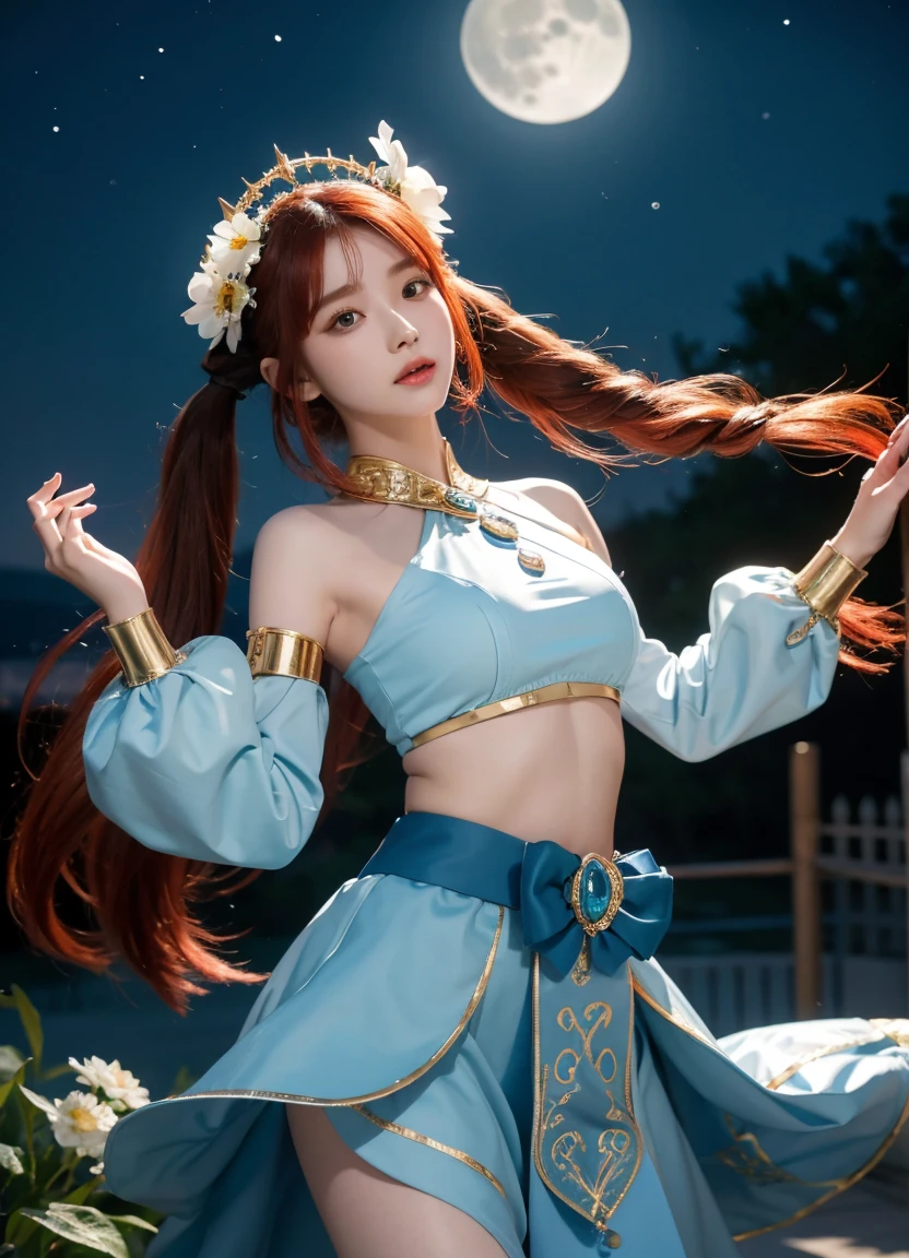 (realistic, realistic), very delicate, high quality, highest resolution, various angle lights, 매우 현실적 realistic 배경, 매우 realistic realistic 사진, masterpiece, best quality, absurdres, Niru (neither flower nor mist) (genshin impact), aqua eye, Niru (genshin impact), fake either, 1 woman, alone, red hair, veil, laugh, moon, long hair, 작water 가기, jewel류, either, night, Braces, brooch, long sleeves, puffy long sleeves, looking at viewer, skirt, forehead, twin tail, water, puffy sleeves, sky, neck ring, dehisce, :d, full moon, night sky, flower, harem outfit, gold trim, parted forehead, raise your arms, chest, circlet, outdoors, blue skirt, headdress, detached sleeves, low twin tail, floating hair, jewel, hair flower, blue jewelstone, hand up, dancer, white headwear, , stomach, midriff, cowboy shot, blue bow, very long hair