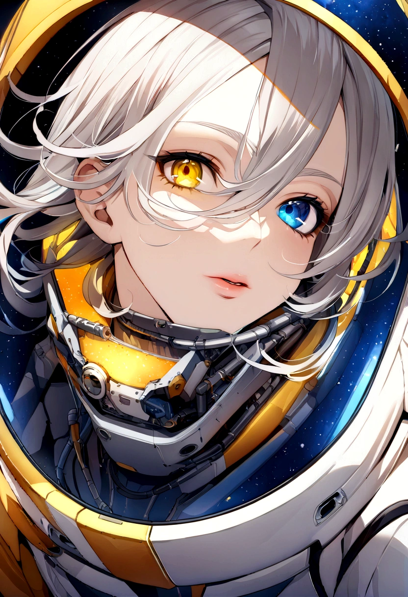 (Masterpieces in better quality in close-up:1.5)0.9], (Space and astronauts:1.2) (Messy silver hair:1.1) (Heterochromia iridis and yellow eyes with blue eyes:1.2) (Space Helmet:1.0) (Colored stars in the eyes:1.0) (Synchrotron radiation:1.1) (Big Lips:0.9)