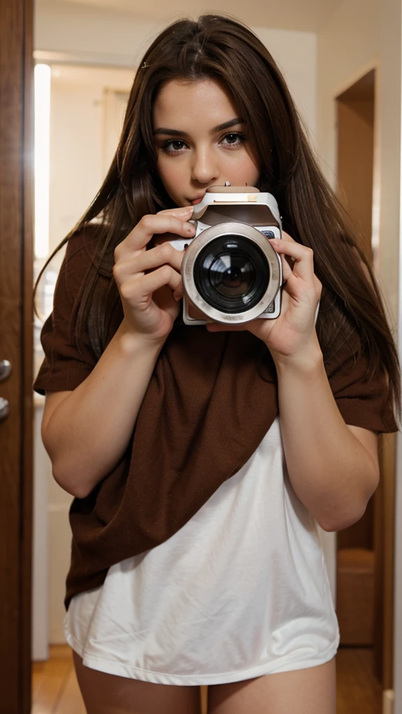 Girl With Pink Singlet and white pattern circle at the singlet and jeans pants holding camera
