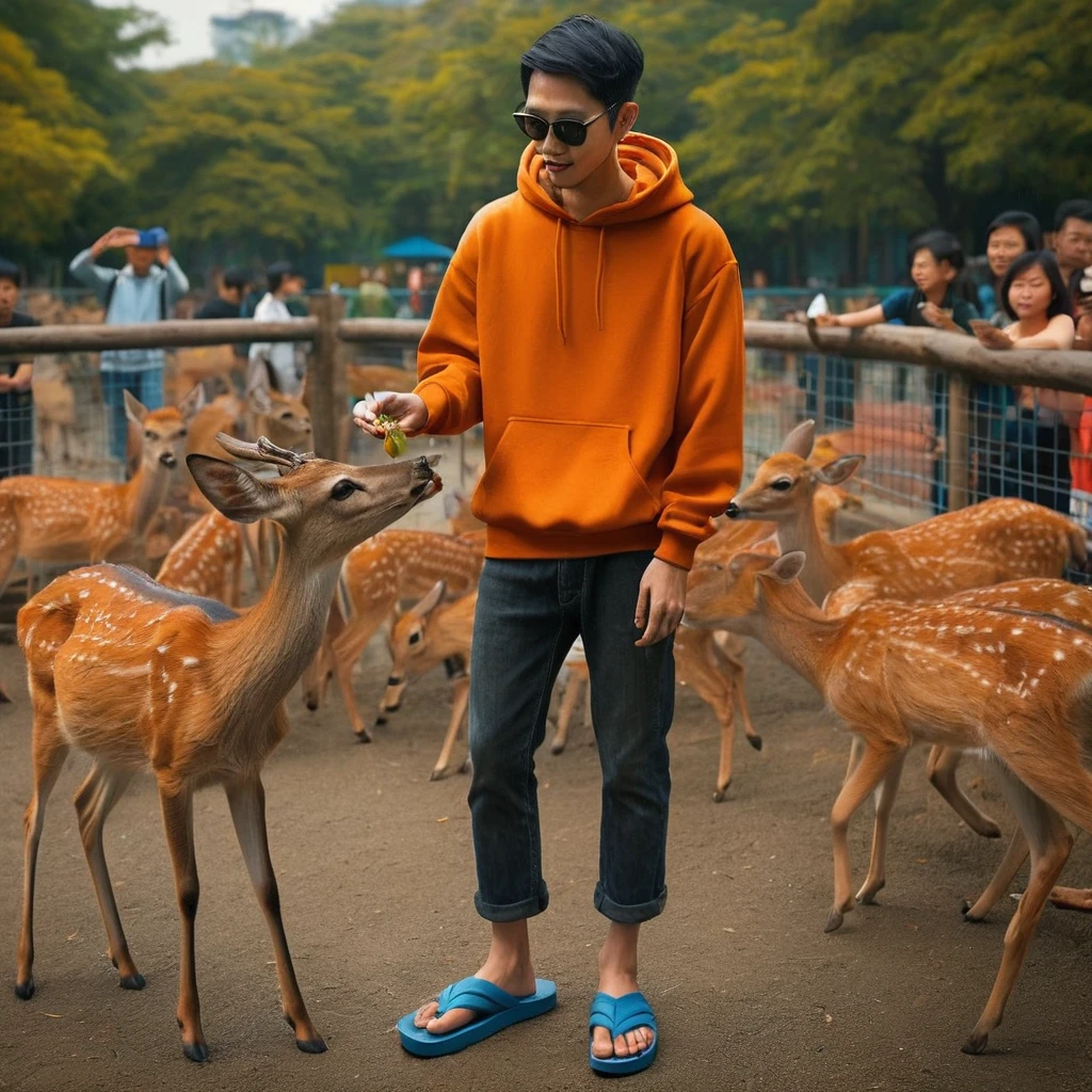 Realistic photo, looks like a 27 year old Indonesian man, thin body, very short hair, wearing an orange hoodie, wearing sunglasses, wearing long black jeans, wearing blue flip-flops,It looks like he is feeding the deer with a leaf , looks different. various kinds of animals, you can see people walking around, like during the day at the zoo