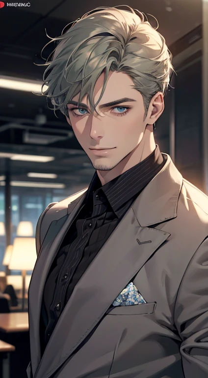 (best quality,4k,8k,highres,masterpiece:1.2),ultra-detailed,(realistic,photorealistic,photo-realistic:1.37),1 man,31 years old,mature man,very handsome,without expression,smile,short grey green hair,blue eyes,penetrating gaze,perfect face without errors,imposing posture,businessman,office background,cinematic lighting,hdr image
