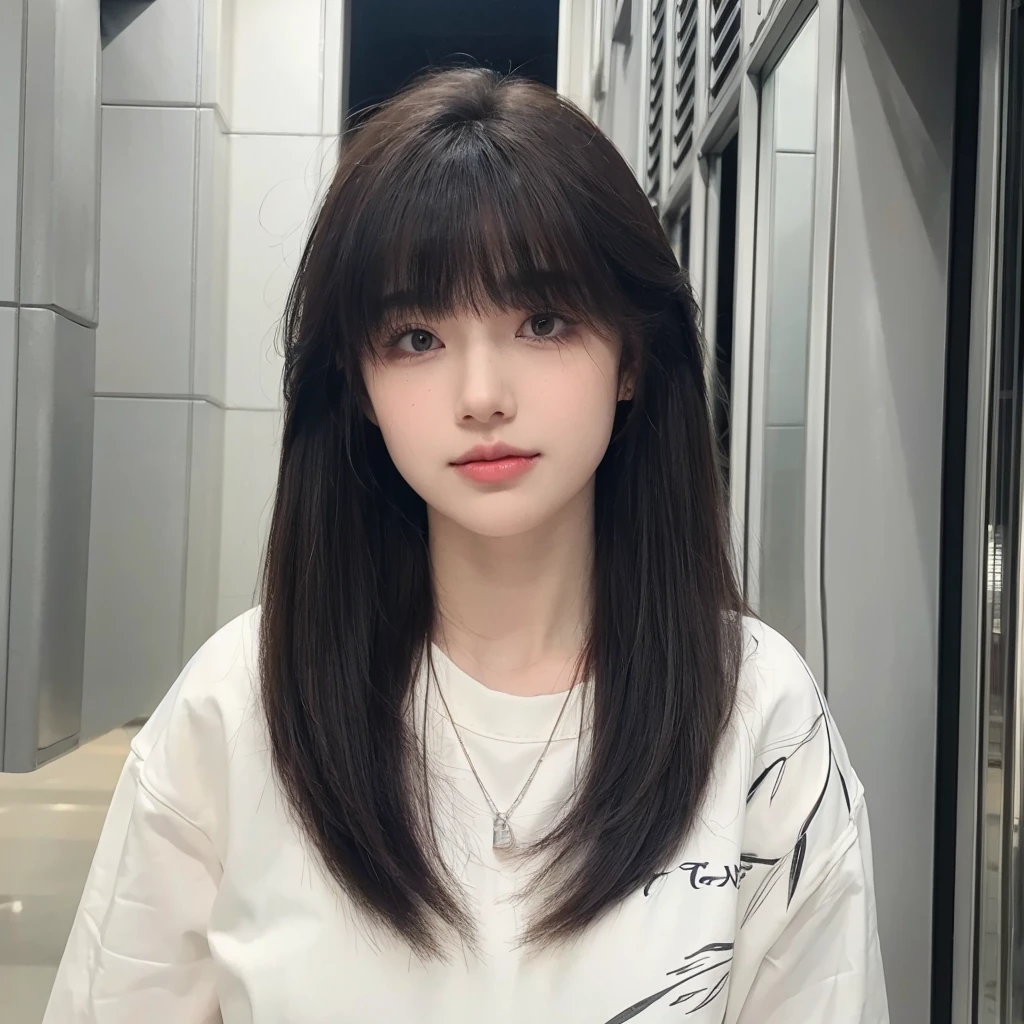 Long straight cold brown hair,Air bangs,Natural and beautiful hair,The background is simple and atmospheric