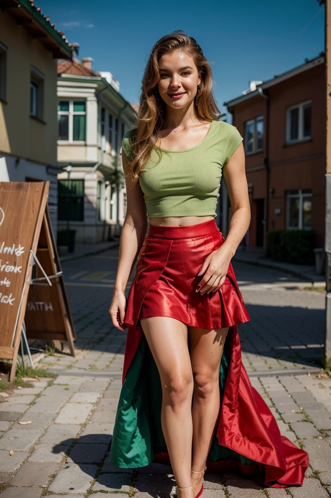 Lituania, pretty women blonde, good face, standing up, (((wear a green top)), (((wear a red skirt))), on the Vilnius place, smirk