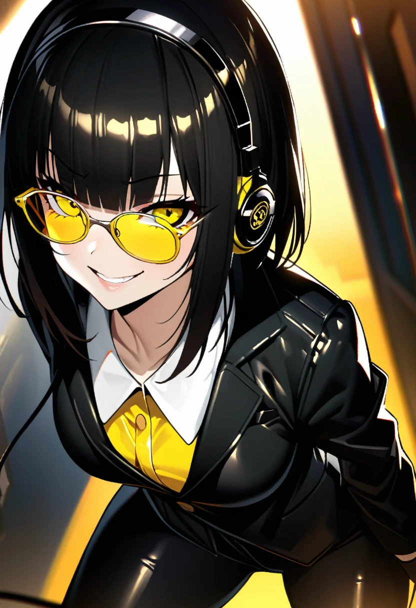 (extremely detailed fine touch:1.3), (2D:1.3), 1girl, solo, (((yellow glasses:1.3))), (headphone:1.2), shiny hair, black short hair, blunt bangs, lustrous skin, Hair hanging over the ears, ((Black business suit、Black tailored jacket、white shirt、Black pantsuit、Black leather gloves)), (Vicious look、Vulgar smile)