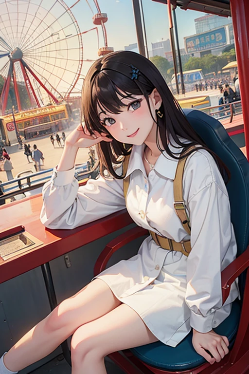 Highest quality、masterpiece、High sensitivity、High resolution、Detailed Description、One person、Slender women、Slim Body、In the Ferris wheel at the amusement park、Sit facing each other、In close proximity、smile、