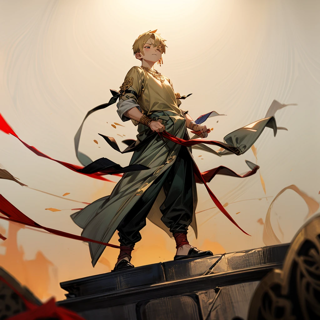 1little boy, Full body version, 1character, gray eyes color, angry eyes, eyeliner, reddish white skin, classic taper haircut, downturned eyes type, blonde colour hair, Ancient greek nobility clothing style, darkgreen color clothing, necklaces, bandage on hand, Grassroots background in castle, motion blur