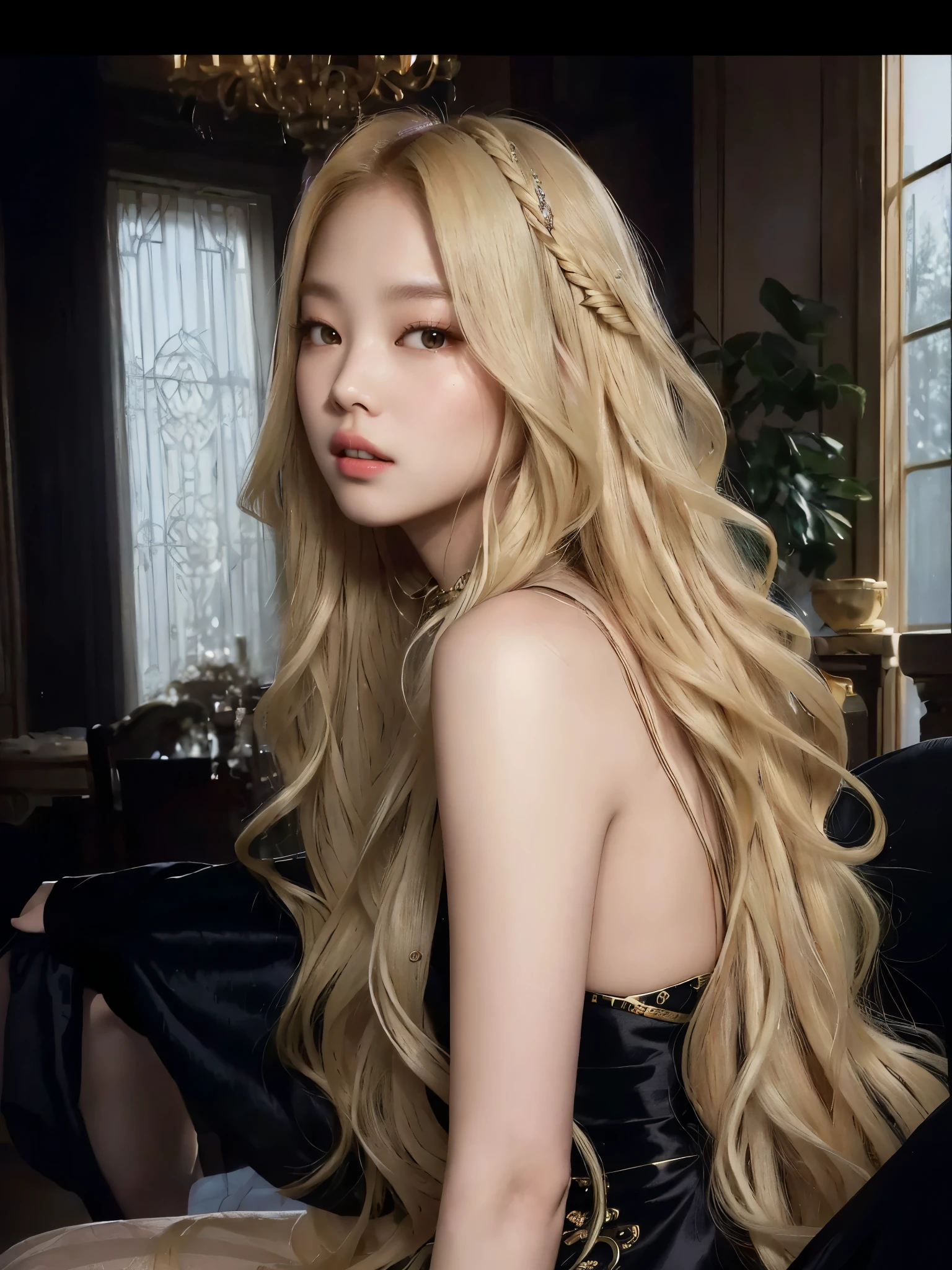 araffed woman with long blonde hair sitting on a chair, long glowing ethereal hair, with long blond hair, roseanne park of blackpink, extremely long thick blond hair, with long hair, glorious long blond hair, lalisa manobal, ornate long flowing blonde hair, long luxurious light blond hair, blonde long hair, with very long blonde hair, long wavy blond hair