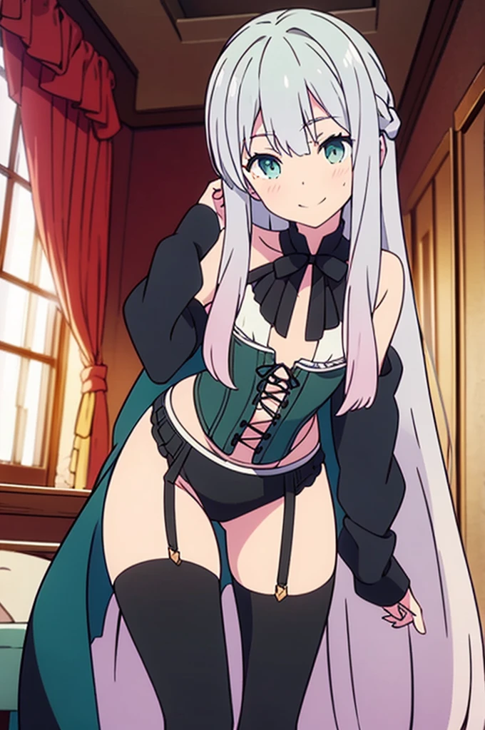 Long silver hair, green eyes, , corset, black clothes, seductive eyes, SMILE, top-less, beautiful thighs, Inside the house