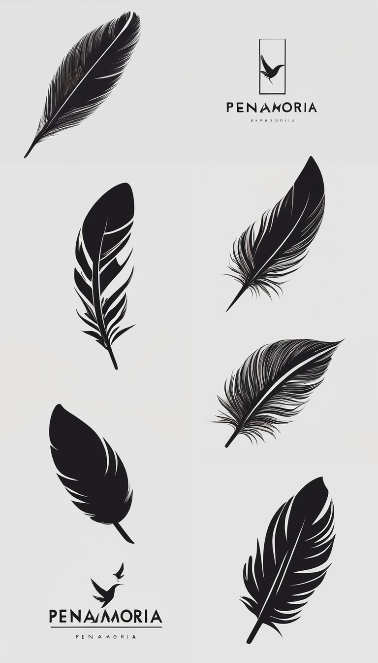 A minimal, modern, simple, cinematic logo design for the brand “Penamemoria". Create a modern, minimalistic, high-quality, logo of a bird feather