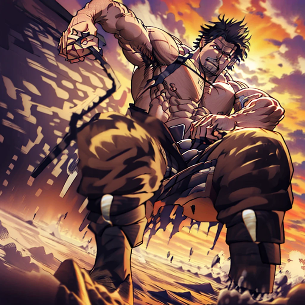 One Piece male fighter badass caractere with fishing rod, fighting position, detailed face, detailed clothes, super strong and muscled, huge body, without clothes, shirtless, big old man, big chest, show armpits, big knee, big arms, big body, with out any type of clothes, without pants, show dick, face focus, big chest muscles, hairy chest, hairy muscled