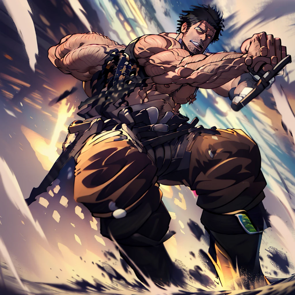 One Piece male fighter badass caractere with fishing rod, fighting position, detailed face, detailed clothes, super strong and muscled, huge body, without clothes, shirtless, big old man, big chest, show armpits, big knee, big arms, big body, with out any type of clothes, without pants, show dick, face focus, big chest muscles, hairy chest, hairy muscled