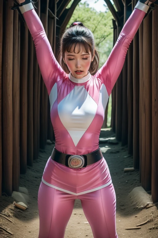 pink theme,pink ranger suit、curvy, big breats, full body, tied on Saint Andrew's cross in X position, screaming in pain, crying, eyes are closed tight