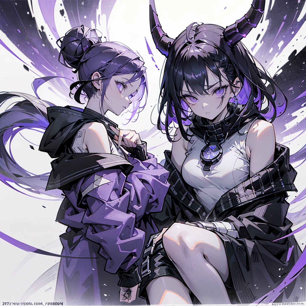 boy. thoughtful look. open forehead. black and purple hair tied in a bun on the left side to one side. sinuous black horns wrapped in dark purple ribbon. pale violet eyes. in short dark purple shorts. long white T-shirt. dark purple knee-high socks. dark_purple long coat with hood. древние dark_purple stone walls purple light from lamps on an old pi 