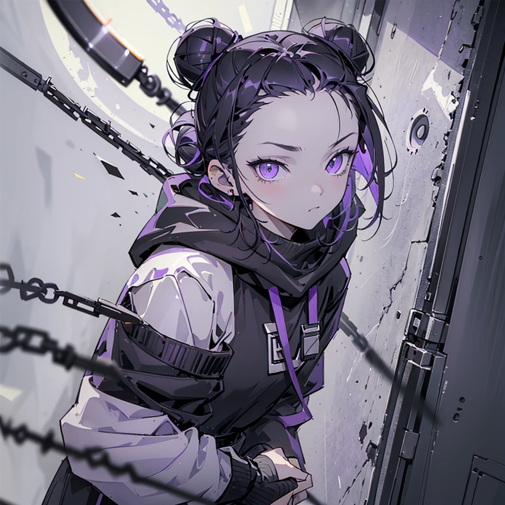boy. thoughtful look. open forehead. black and purple hair tied in a bun on the left side to one side. sinuous black horns wrapped in dark purple ribbon. pale violet eyes. in short dark purple shorts. long white T-shirt. dark purple knee-high socks. dark purple long cloak with hood. view from the 100th floor of a cozy room in shades of gray, moon, starry sky