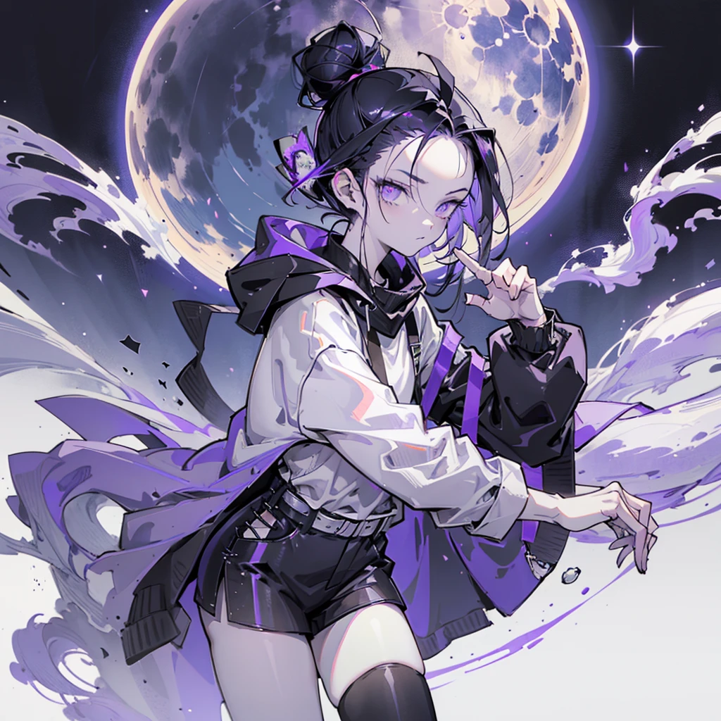 boy. thoughtful look. open forehead. black and purple hair tied in a bun on the left side to one side. sinuous black horns wrapped in dark purple ribbon. pale violet eyes. in short dark purple shorts. long white T-shirt. dark purple knee-high socks. dark purple long cloak with hood. view from the 100th floor of a cozy room in shades of gray, moon, starry sky