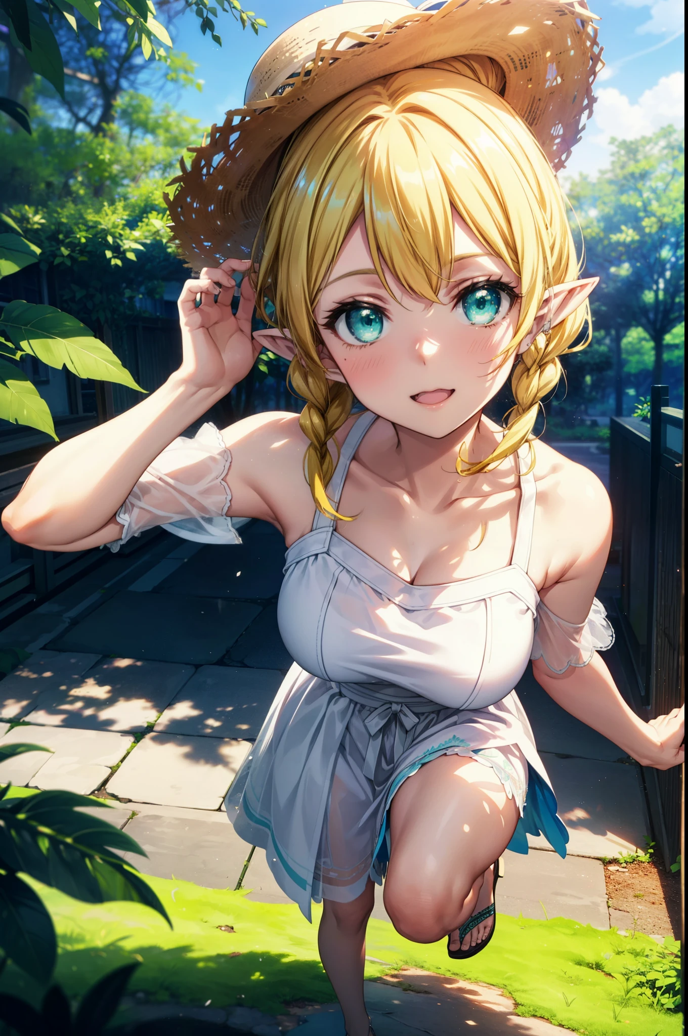 Suguhakirigaya, Suguhakirigaya, Long Hair,Blonde,Green Eyes,Pointy Ears,Short braids,,happy smile, smile, Open your mouth,Big Breasts,White straw hat,White sleeveless dress, bare arms,Green long skirt,Cute Sandals,Walking,Clear skies,whole bodyがイラストに入るように,
break outdoors, nature, forest, 
break looking at viewer, whole body,
break (masterpiece:1.2), Highest quality, High resolution, unity 8k wallpaper, (shape:0.8), (Beautiful attention to detail:1.6), Highly detailed face, Perfect lighting, Extremely detailed CG, (Perfect hands, Perfect Anatomy),