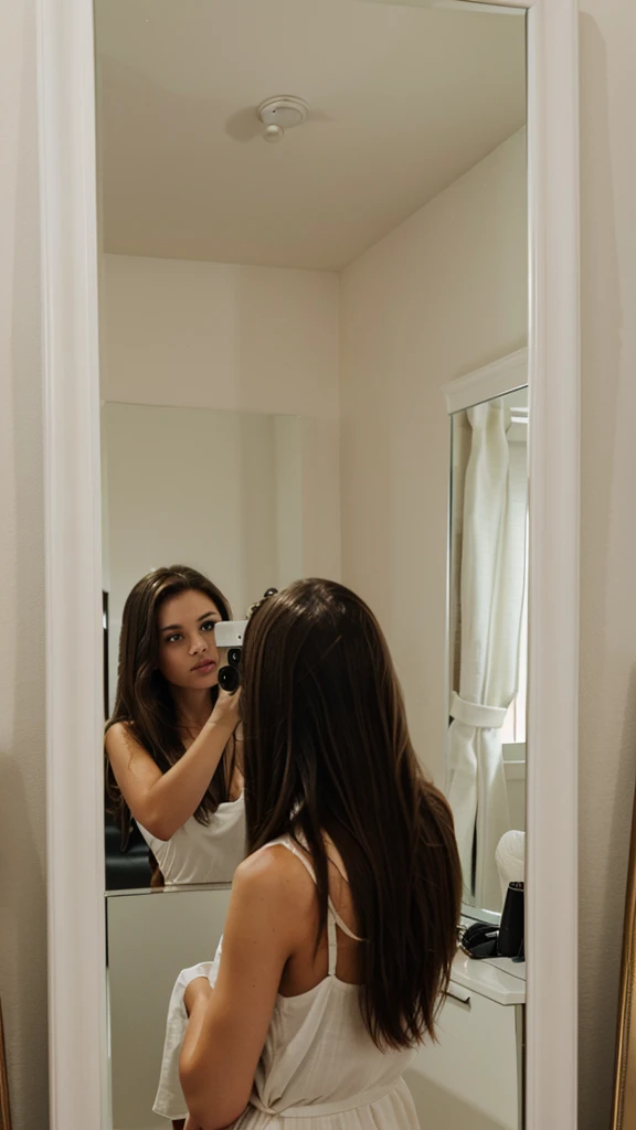 I created a photo of a woman with brown hair taking a photo in the mirror