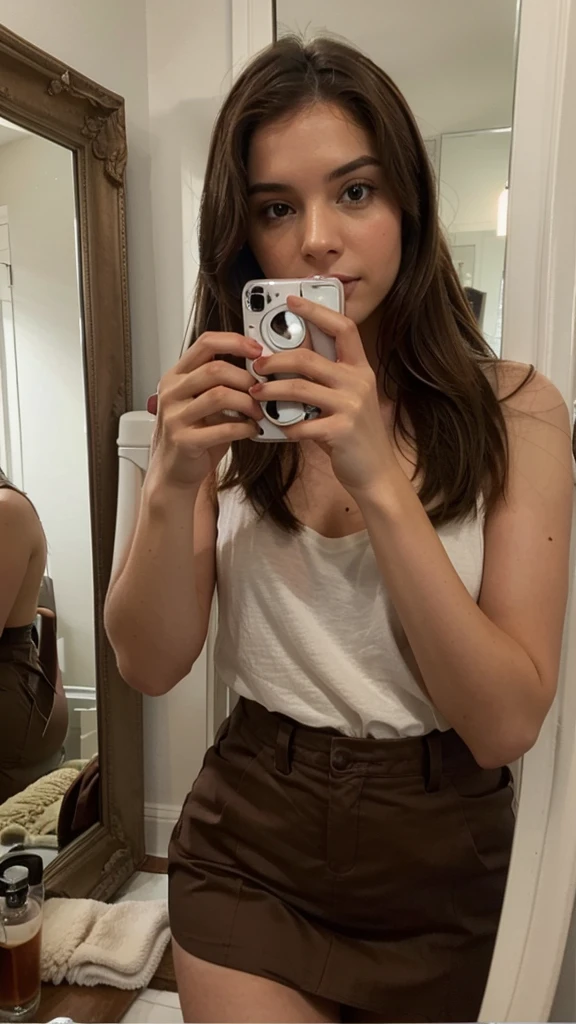 I created a photo of a woman with brown hair taking a photo in the mirror