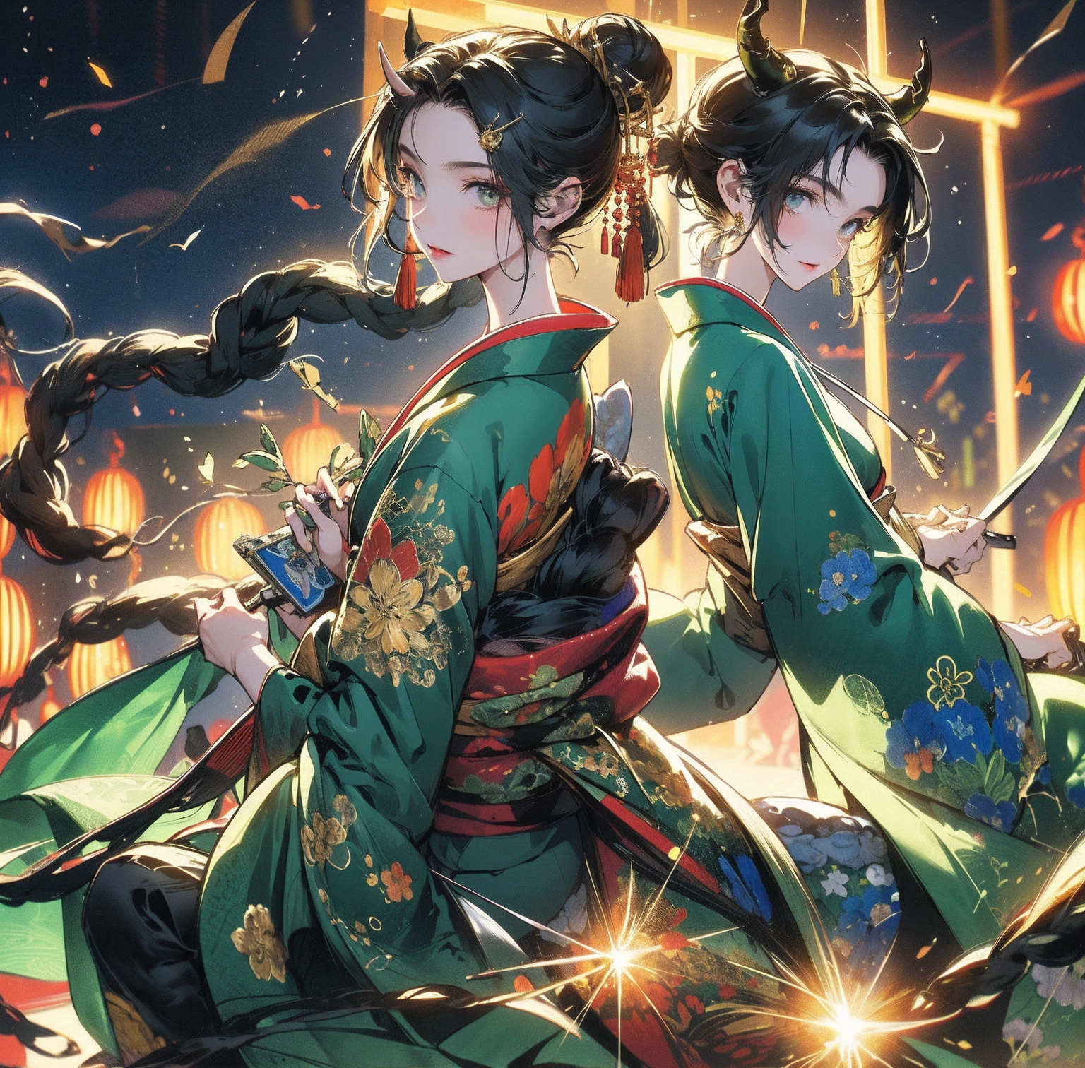 1 person、Green gorgeous kimono、,race,Black Hair、Short bun hair、hair ornaments、necklace、back、Golden devil horns、Anatomically correct,Fireworks in the night sky、
