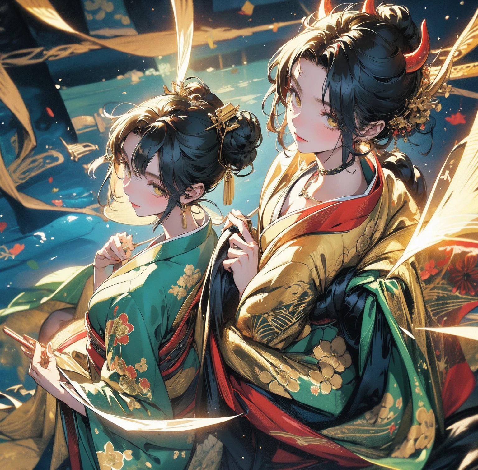 1 person、Green gorgeous kimono、,race,Black Hair、Short bun hair、hair ornaments、necklace、back、Golden devil horns、Anatomically correct,Fireworks in the night sky、