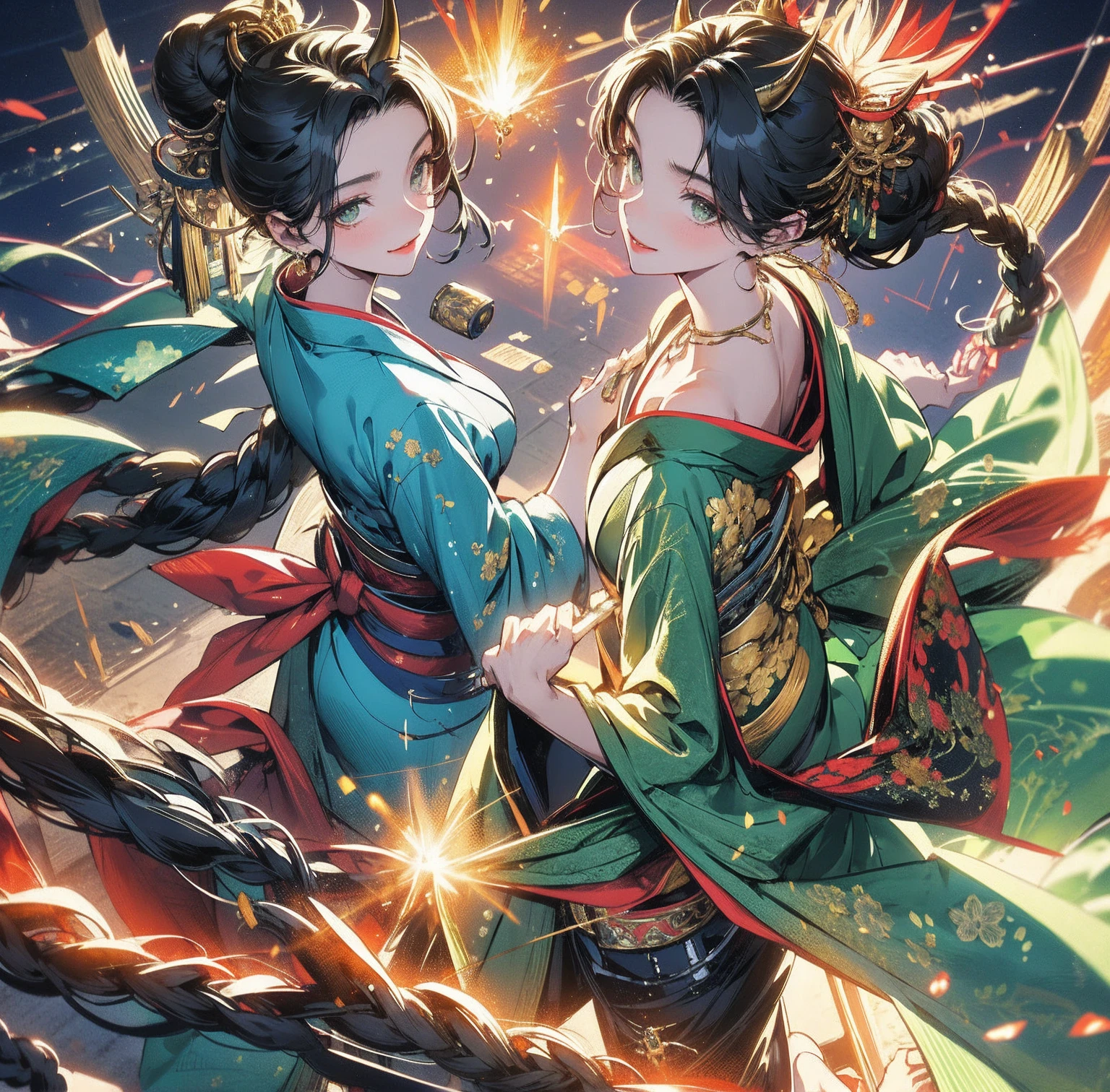 1 person、Green gorgeous kimono、,race,Black Hair、Short bun hair、hair ornaments、necklace、back、Golden devil horns、Anatomically correct,Fireworks in the night sky、