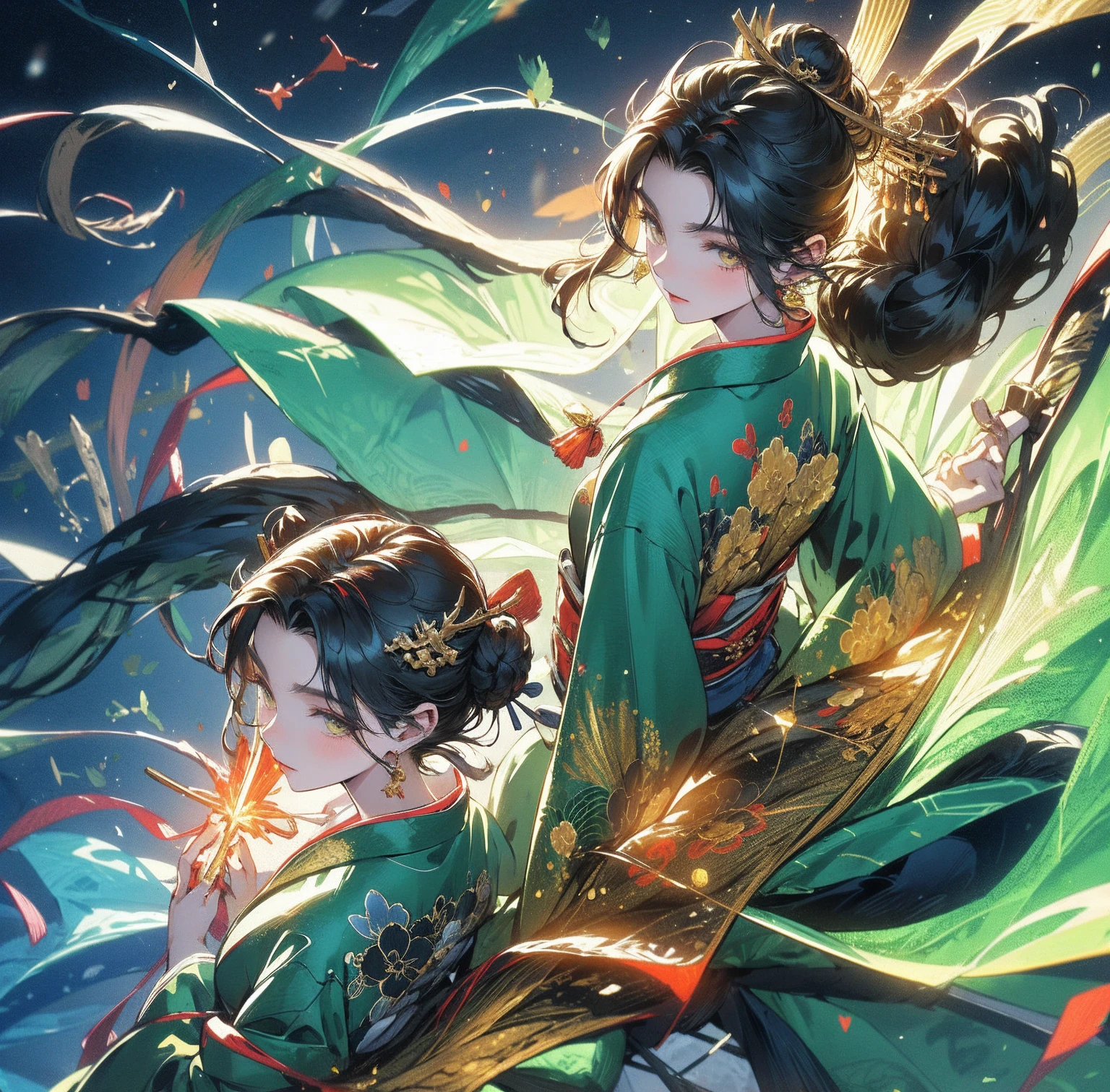1 person、Green gorgeous kimono、,race,Black Hair、Short bun hair、hair ornaments、necklace、back、Golden devil horns、Anatomically correct,Fireworks in the night sky、