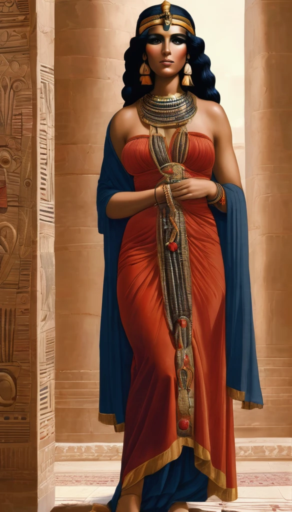 Merfertiti, Femme mature ( 30 ans), corps très sexy , a l'Égypte antique, forte poitrine, avec une peau de serpent, dans un temple égyptien, porte une robe rouge et maron couleur sable, moule le corps, vêtements transparent, femme avec de long cheveux raide noirs orné de nombreux bijoux,  la femme est très enceinte de serpent, sa poitrine est gonflé de lait, la femme a des crochets de serpent visible lorsqu'elle sourit, la femme a des yeux doré a pupilles reptilienne, la femme et une femme serpentz