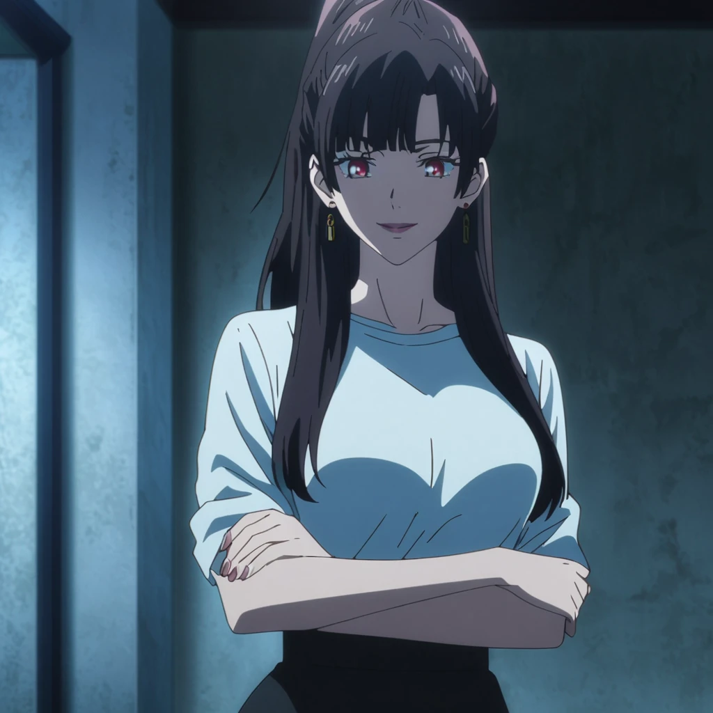 1girl, female gojo satoru, anime screencap from jujutsu kaisen, gojo satoru female version, solo, long_hair, Red eyes ((Black_hair)), night view, (hanging breasts) upper_body, smile, indoors, book, red_eyes, lips, (high ponytail) ((wearing white shirt and black colour pencil skirt )) breast, "very detailed and high resolution" (Red eyes) (cross arms)  ((long hair)) ((solo)) (front view) (earings) ((high resolution)) ((good quality)) ((side bangs))