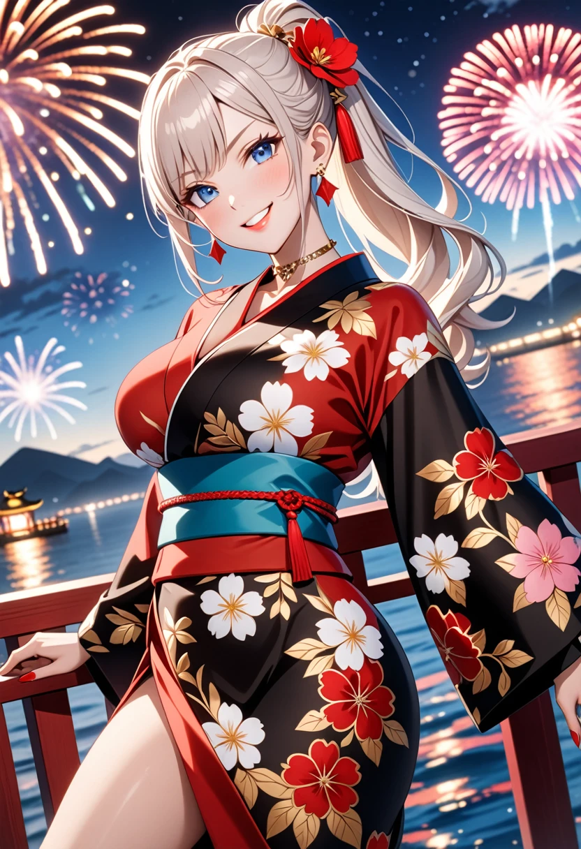 ((One personの女性)), Beautiful Face, (Laughing embarrassedly), (smirk:1.4), ((Wink:1.5)), (head tilt:1.3), Laugh with your mouth wide open, upper teeth, looking at viewer, (Doing sexy poses), ((Bright red cheeks:1.4)), Glossy Red Lips, night,Terrace with sea view, firework, Glossy pink lips, Shining Face, ((Anime style background)),masterpiece, Highest quality, so beautiful,up to date, Complex details, (long nails of red color), (nail art), (ring),(bracelet),(Floral choker), (helix piercing), AI-generated, Complex,High resolution, Highest quality, super high quality,3D Images、3D Images,One person,Long white hair,High Ponytail, Anime woman posing for a photo, ((blue eyes:1.2)), ((Fine grain、White eyes、Shining Eyes:1.1)), (Squint your eyes:1.1),a hyperRealistic , hyperRealistic , Realistic,Anime woman with long white hair, Smooth anime CG art, (A woman in a colorful kimono with gold embroidery), ((Black long sleeve kimono:1.3)), Red floral pattern,Long flower hair ornament,Earrings,Mature Body,(Big Breasts:1.2),Tall,Abdominal muscles,Tight waist, ((face focus:1.8)), (dutch angle:1.3),