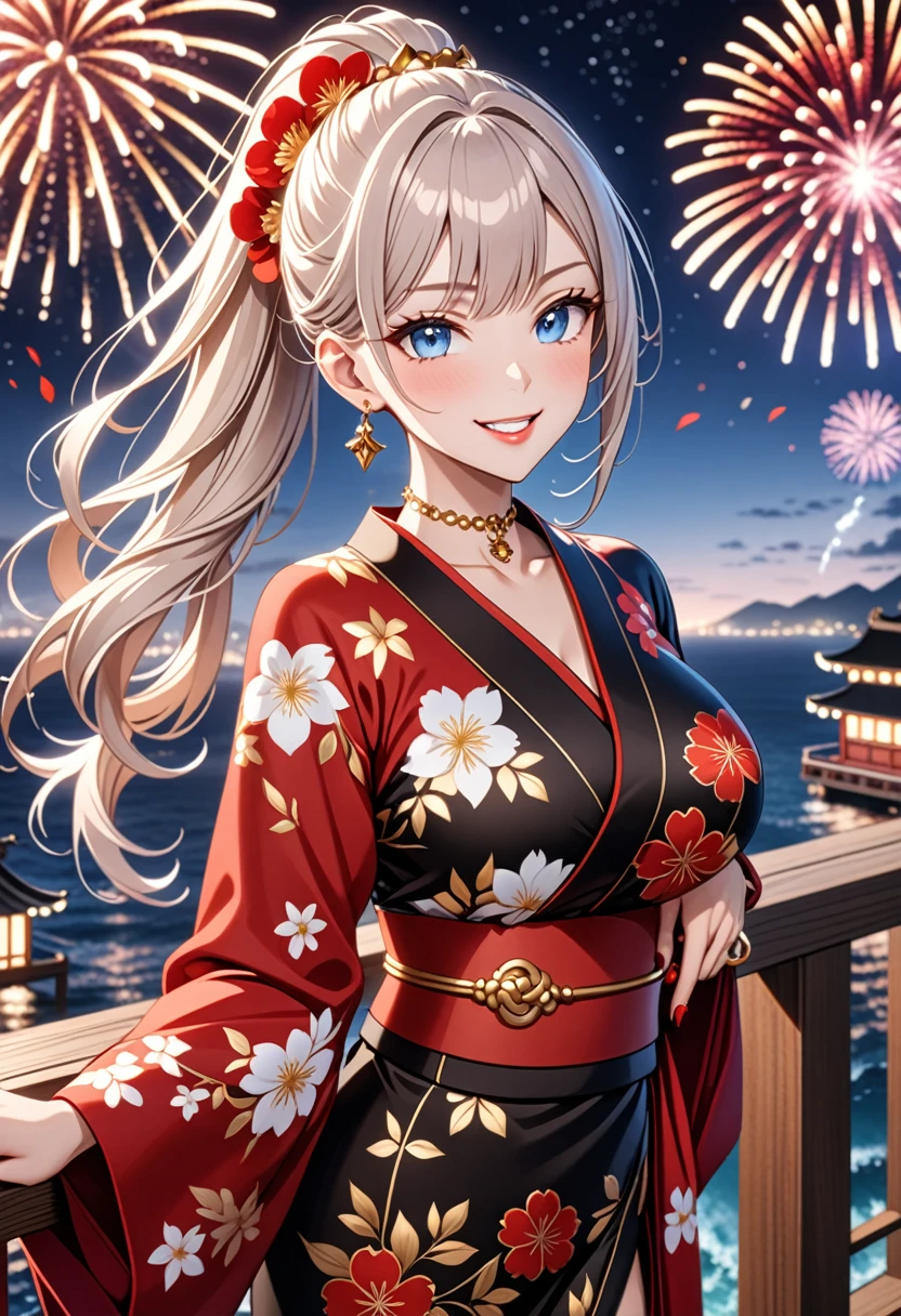 ((One personの女性)), Beautiful Face, (Laughing embarrassedly), (smirk:1.4), ((Wink:1.5)), (head tilt:1.3), Laugh with your mouth wide open, upper teeth, looking at viewer, (Doing sexy poses), ((Bright red cheeks:1.4)), Glossy Red Lips, night,Terrace with sea view, firework, Glossy pink lips, Shining Face, ((Anime style background)),masterpiece, Highest quality, so beautiful,up to date, Complex details, (long nails of red color), (nail art), (ring),(bracelet),(Floral choker), (helix piercing), AI-generated, Complex,High resolution, Highest quality, super high quality,3D Images、3D Images,One person,Long white hair,High Ponytail, Anime woman posing for a photo, ((blue eyes:1.2)), ((Fine grain、White eyes、Shining Eyes:1.1)), (Squint your eyes:1.1),a hyperRealistic , hyperRealistic , Realistic,Anime woman with long white hair, Smooth anime CG art, (A woman in a colorful kimono with gold embroidery), ((Black long sleeve kimono:1.3)), Red floral pattern,Long flower hair ornament,Earrings,Mature Body,(Big Breasts:1.2),Tall,Abdominal muscles,Tight waist, ((face focus:1.8)), (dutch angle:1.3),
