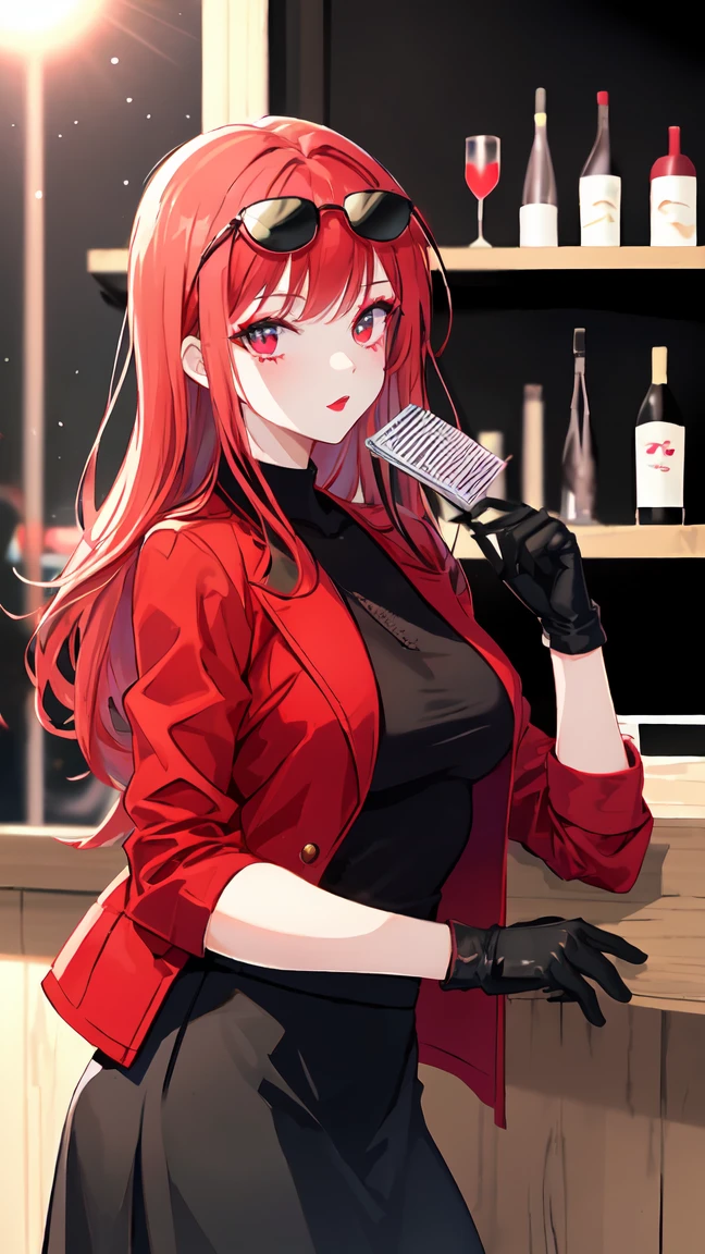 woman with long red hair, with red eyeliner, makeup, light lipstick, red jacket, black gloves, tight and smooth black skirt, black shirt, in front of a bar and party sun glasses