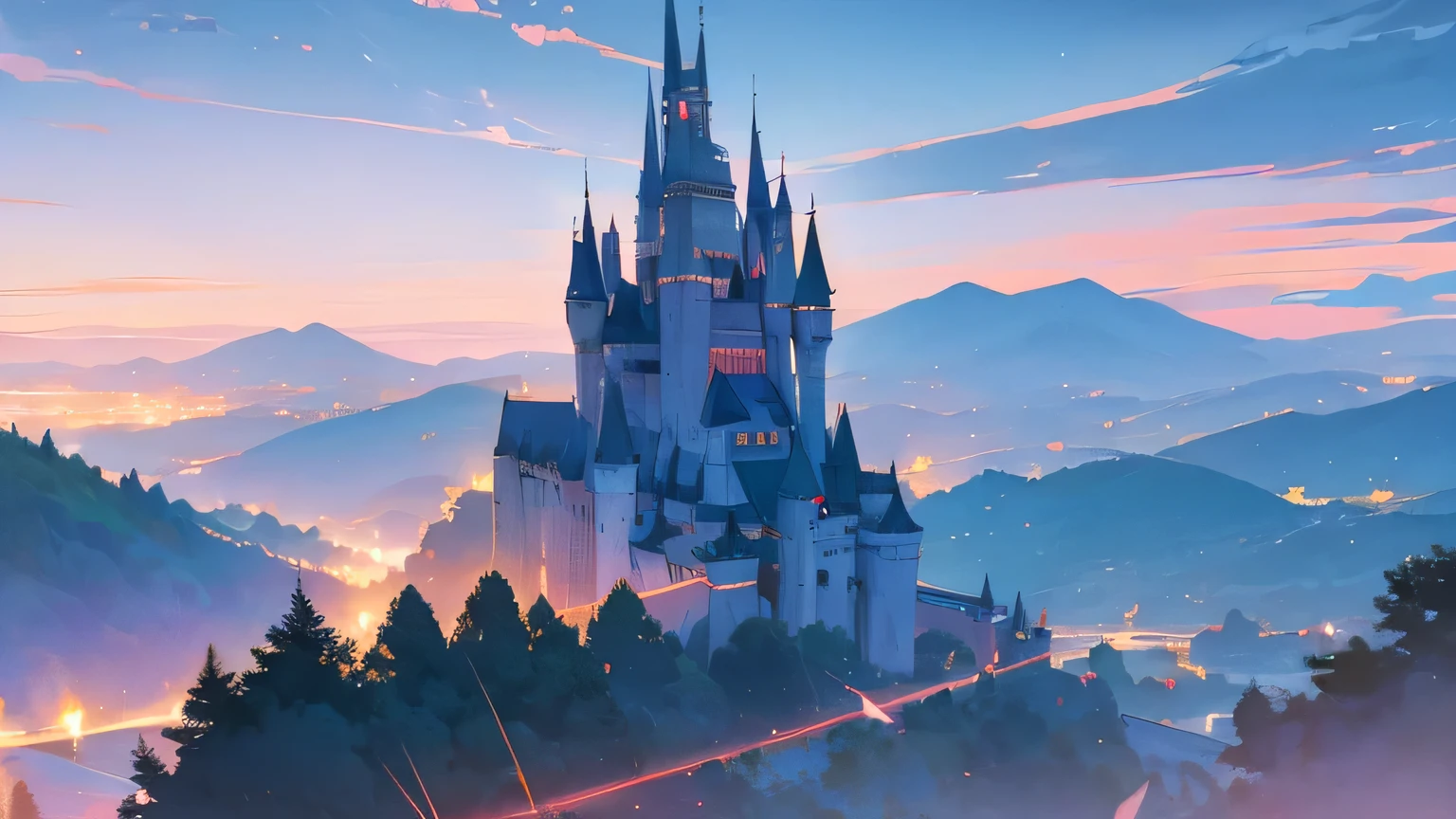 vampire night, a big castle on the mountain, a wizards an whitches flying in the background with brooms