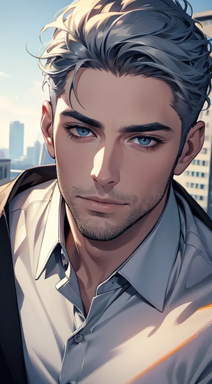 (best quality,4k,8k,highres,masterpiece:1.2),ultra-detailed,(realistic,photorealistic,photo-realistic:1.37),1 man,31 years old,mature man,very handsome,without expression,smile,short grey blue hair,blue eyes,penetrating gaze,perfect face without errors,imposing posture,businessman,office background,cinematic lighting,hdr image