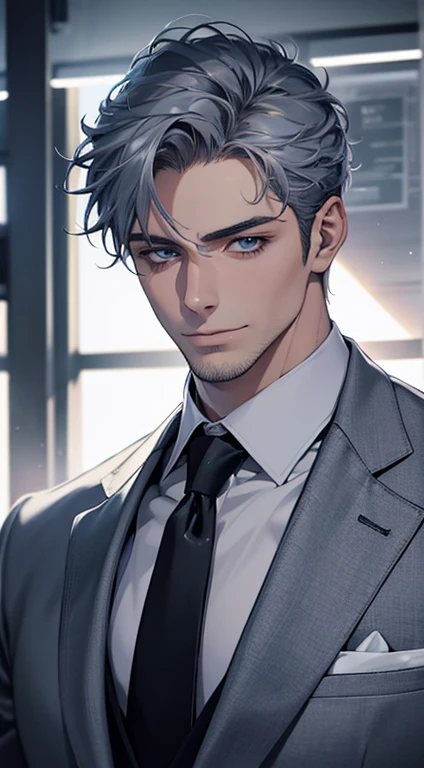 (best quality,4k,8k,highres,masterpiece:1.2),ultra-detailed,(realistic,photorealistic,photo-realistic:1.37),1 man,31 years old,mature man,very handsome,without expression,smile,short grey blue hair,blue eyes,penetrating gaze,perfect face without errors,imposing posture,businessman,office background,cinematic lighting,hdr image