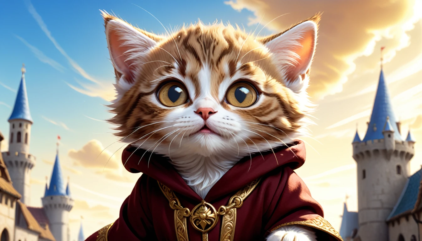 C4tt4stic, illustration of a small and cute creature, the historical background is medieval Europe, the small and cute creature is wearing a luxurious robe, the sky is overhead, fantasy art, exquisite details, anthropomorphic brown tabby kitten with golden eyes, movie scene, dramatic shot angle, atmospheric particles, realistic, raw cinematic photorealism, action portrait, 8k, detailed, full frame
