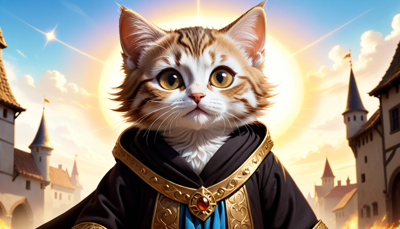 C4tt4stic, illustration of a small and cute creature, the historical background is medieval Europe, the small and cute creature is wearing a luxurious robe, the sky is overhead, fantasy art, exquisite details, anthropomorphic brown tabby kitten with golden eyes, movie scene, dramatic shot angle, atmospheric particles, realistic, raw cinematic photorealism, action portrait, 8k, detailed, full frame