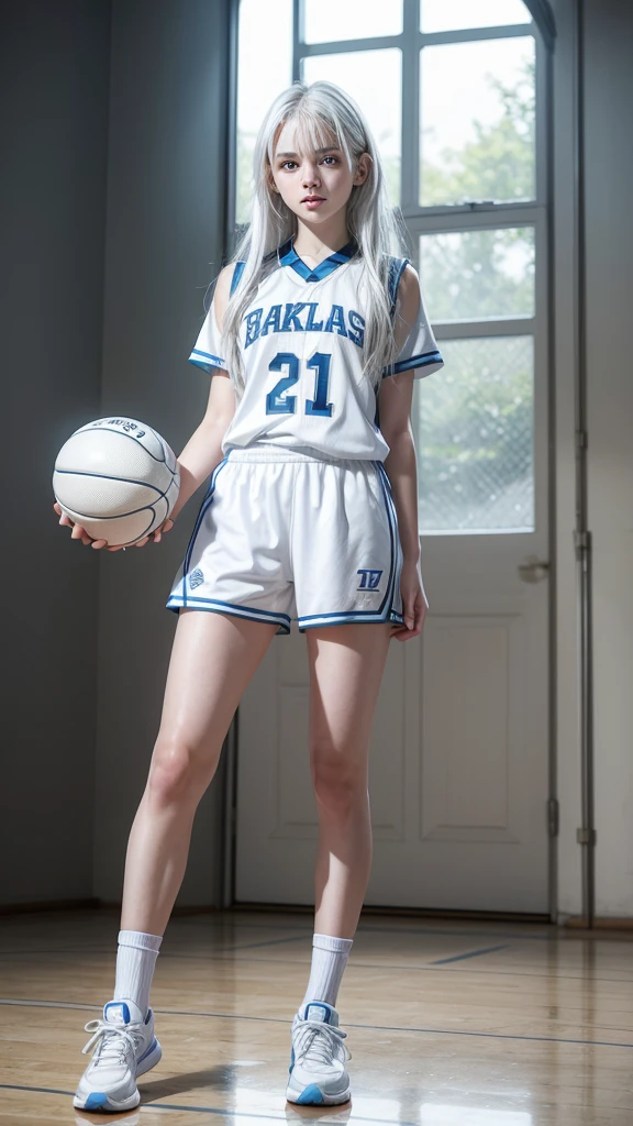 female teenager with white hair, White skin, light blue eyes with basketball uniform full body